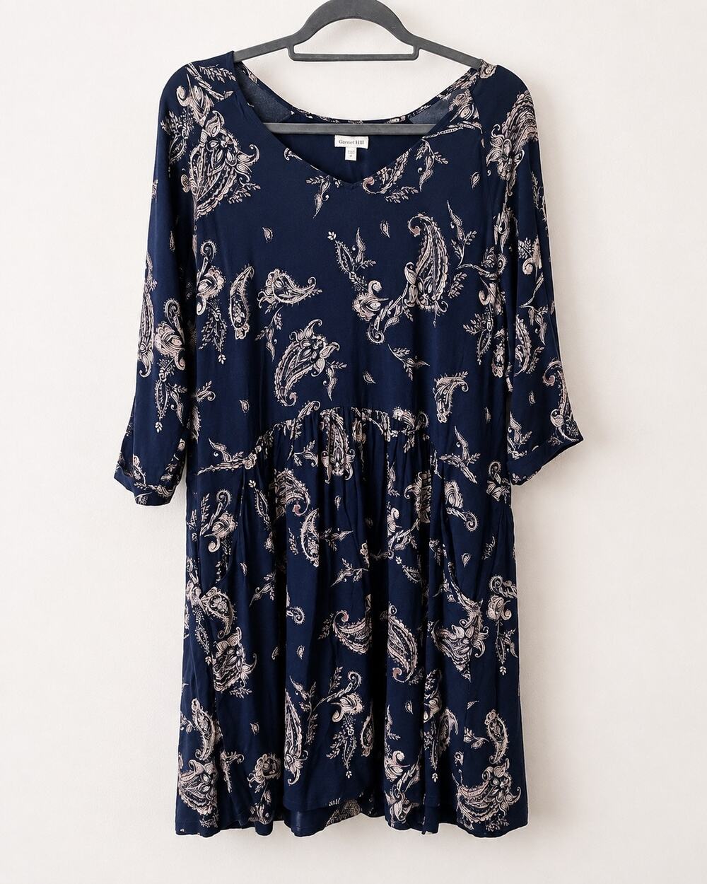 Garnet Hill Paisley Dress Women’s 18 Navy Viscose Boho 3/4 Sleeve Pockets